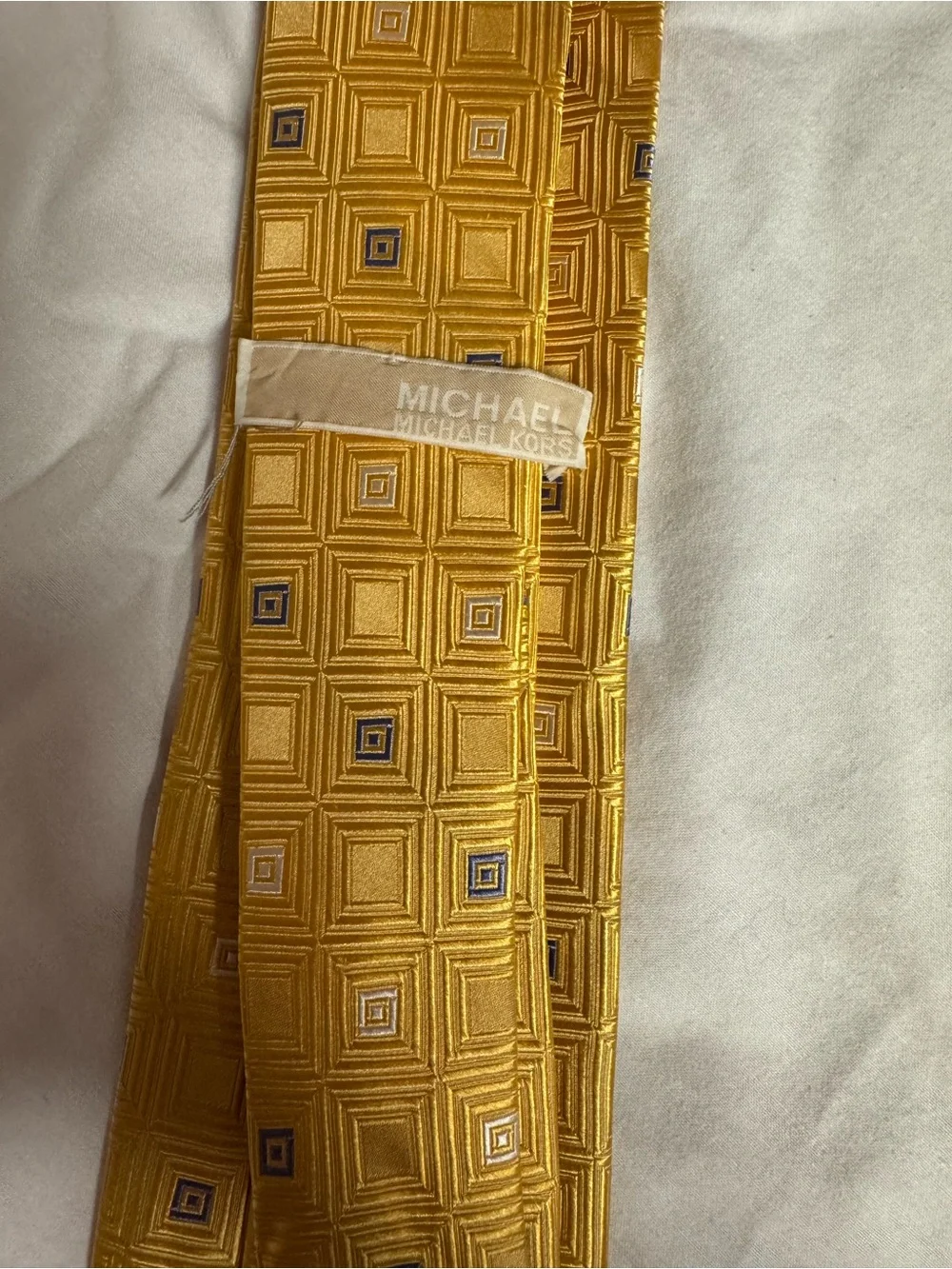Michael Kors Gold Geometric Square-Pattern Tie with Navy Accents